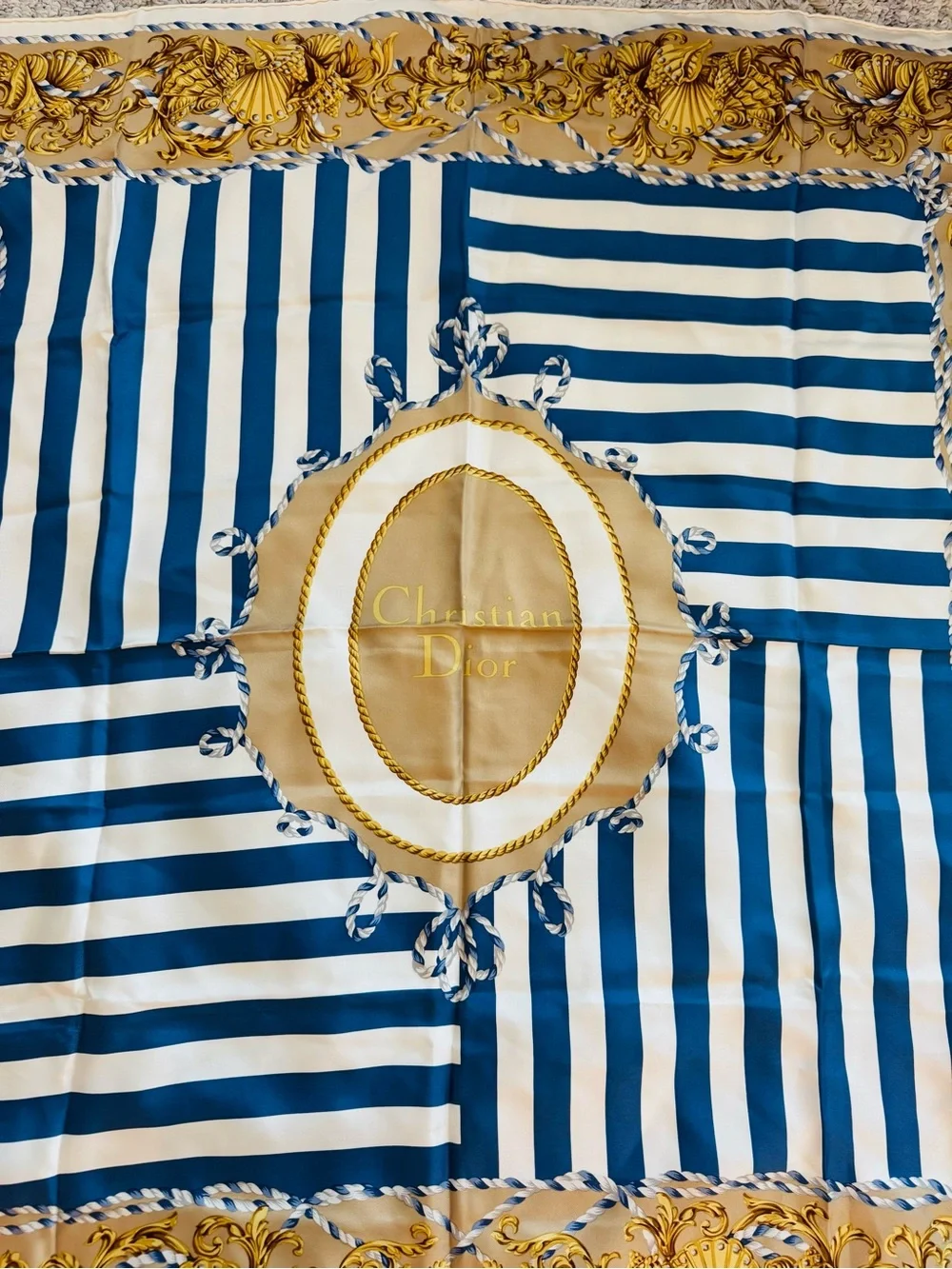 Authentic Dior Blue White and Gold Printed Silk Scarf